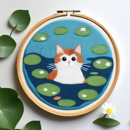 A top-down view of a cat lounging comfortably in a swimming ring, floating in a serene pond