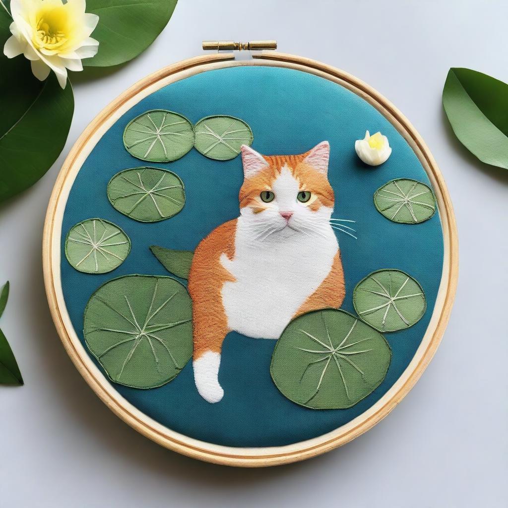 A top-down view of a cat lounging comfortably in a swimming ring, floating in a serene pond