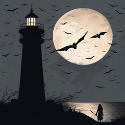 A horror-themed lighthouse standing ominously in the dark, surrounded by a swarm of bats