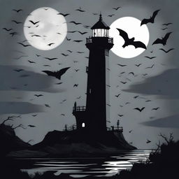 A horror-themed lighthouse standing ominously in the dark, surrounded by a swarm of bats