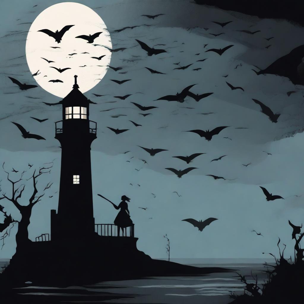 A horror-themed lighthouse standing ominously in the dark, surrounded by a swarm of bats