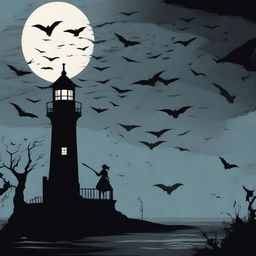 A horror-themed lighthouse standing ominously in the dark, surrounded by a swarm of bats