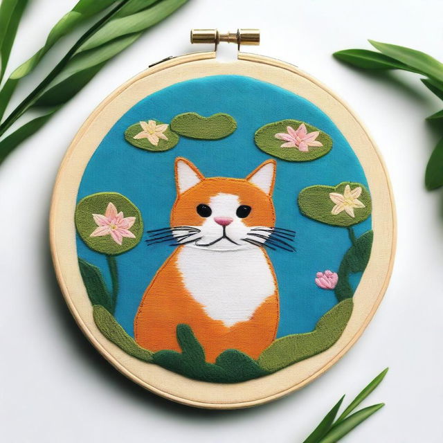 A top-down view of a cat lounging in a swimming ring in a pond, framed within an embroidery hoop