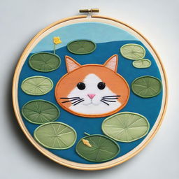 A top-down view of a cat lounging in a swimming ring in a pond, framed within an embroidery hoop