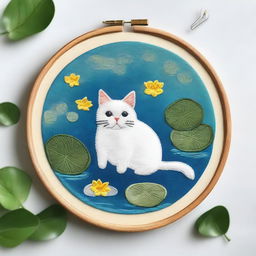 A top-down view of a cat lounging in a swimming ring in a pond, framed within an embroidery hoop