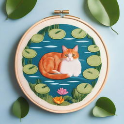 A top-down view of a cat lounging in a swimming ring in a pond, framed within an embroidery hoop