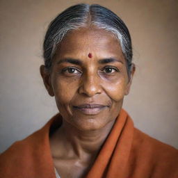 Generate a portrait of a woman named Valliamai expressing warmth and kindness.