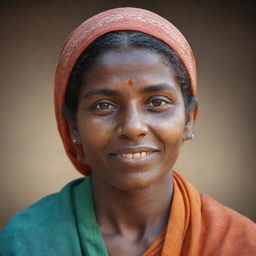 Generate a portrait of a woman named Valliamai expressing warmth and kindness.