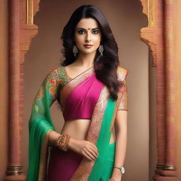 Create an image of Anusha Mukherjee wearing a sari, with a modern and stylish twist