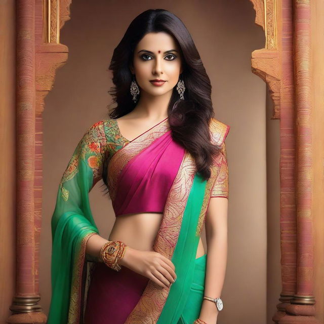 Create an image of Anusha Mukherjee wearing a sari, with a modern and stylish twist