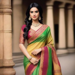 Create an image of Anusha Mukherjee wearing a sari, with a modern and stylish twist