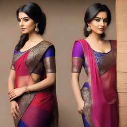 Create an image of Anusha Mukherjee wearing a sari, with a modern and stylish twist