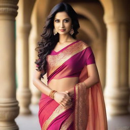 Create an image of Anusha Mukherjee wearing a sari, with a modern and stylish twist