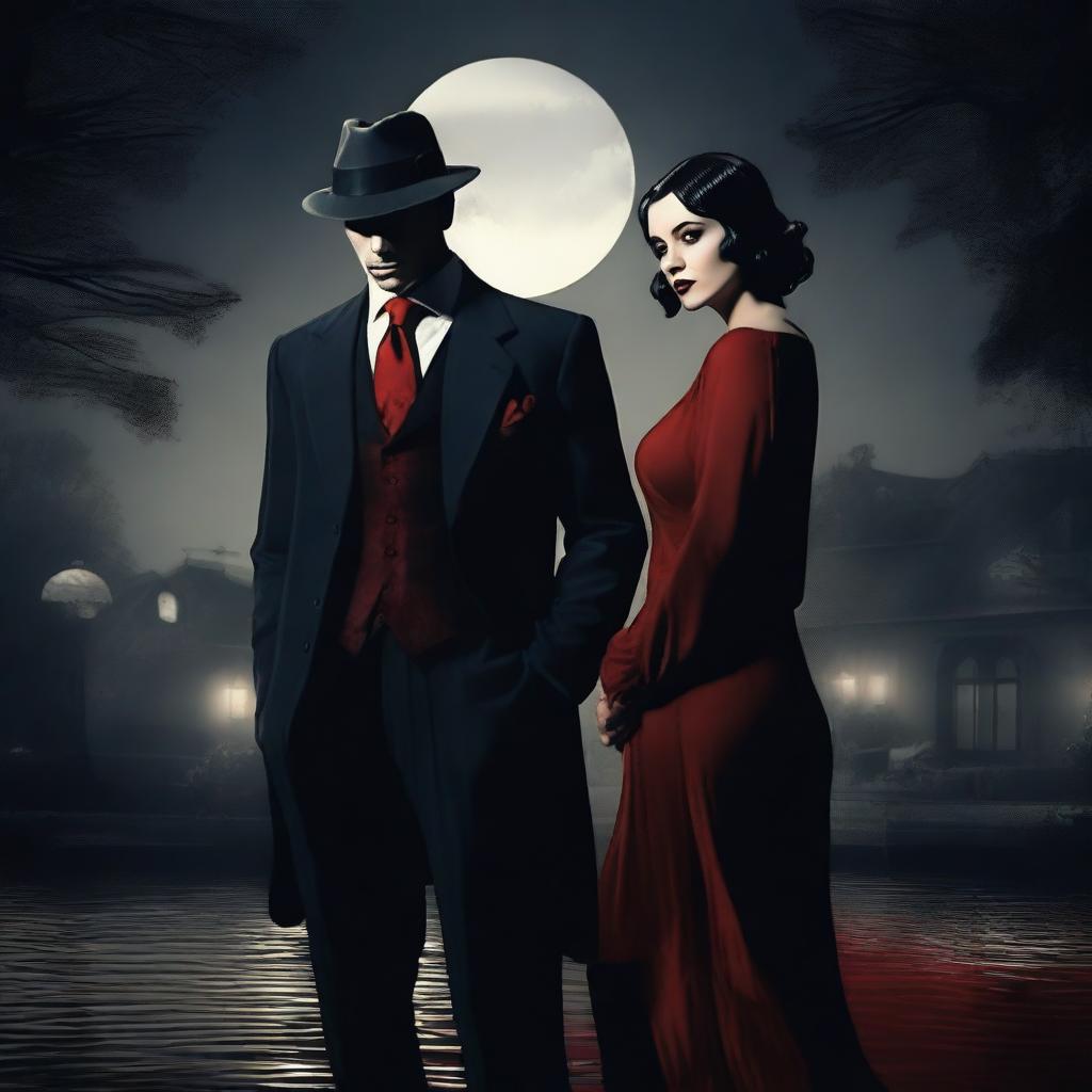 A mafia boss standing with his lover by a river of blood, both dressed in 1920s attire