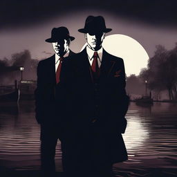 A mafia boss standing with his lover by a river of blood, both dressed in 1920s attire