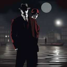 A mafia boss standing with his lover by a river of blood, both dressed in 1920s attire