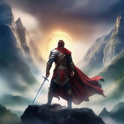 A heroic male warrior stands in a dramatic fantasy landscape, holding a gleaming sword