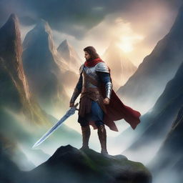 A heroic male warrior stands in a dramatic fantasy landscape, holding a gleaming sword