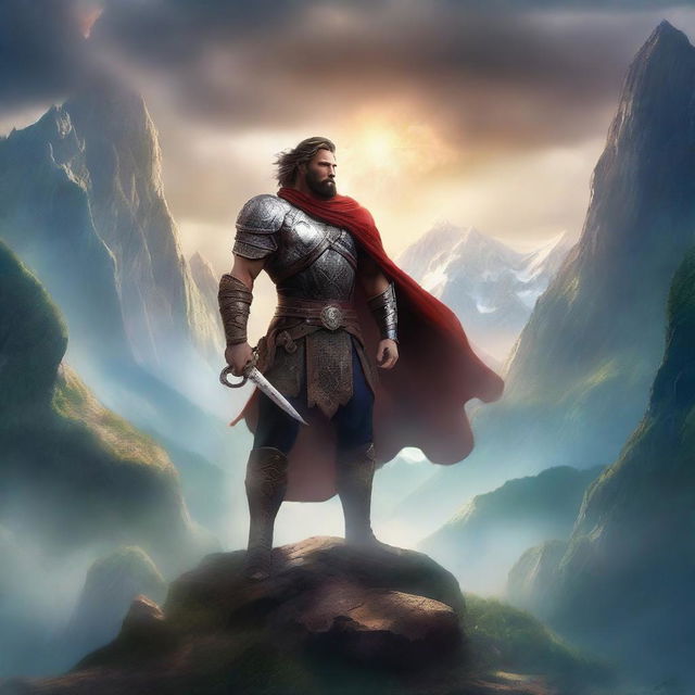 A heroic male warrior stands in a dramatic fantasy landscape, holding a gleaming sword