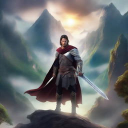 A heroic male warrior stands in a dramatic fantasy landscape, holding a gleaming sword