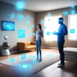 A futuristic virtual agent interacting with various Internet of Things (IoT) devices in a smart home environment