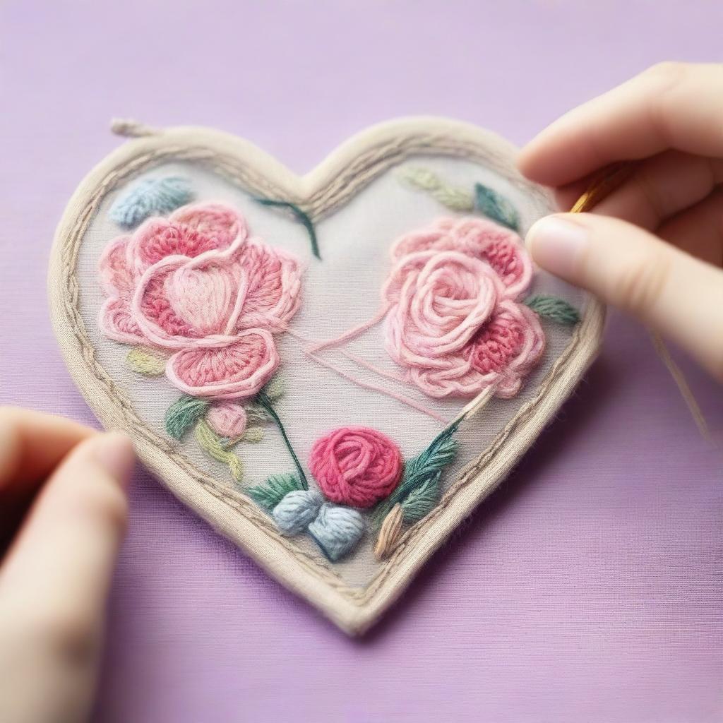 Create an image depicting a romantic scene with a needle and thread forming a heart