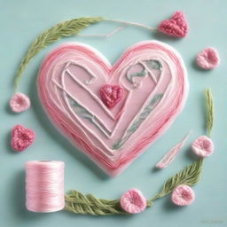 Create an image depicting a romantic scene with a needle and thread forming a heart