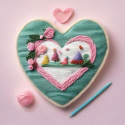 Create an image depicting a romantic scene with a needle and thread forming a heart