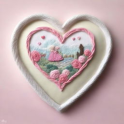 Create an image depicting a romantic scene with a needle and thread forming a heart