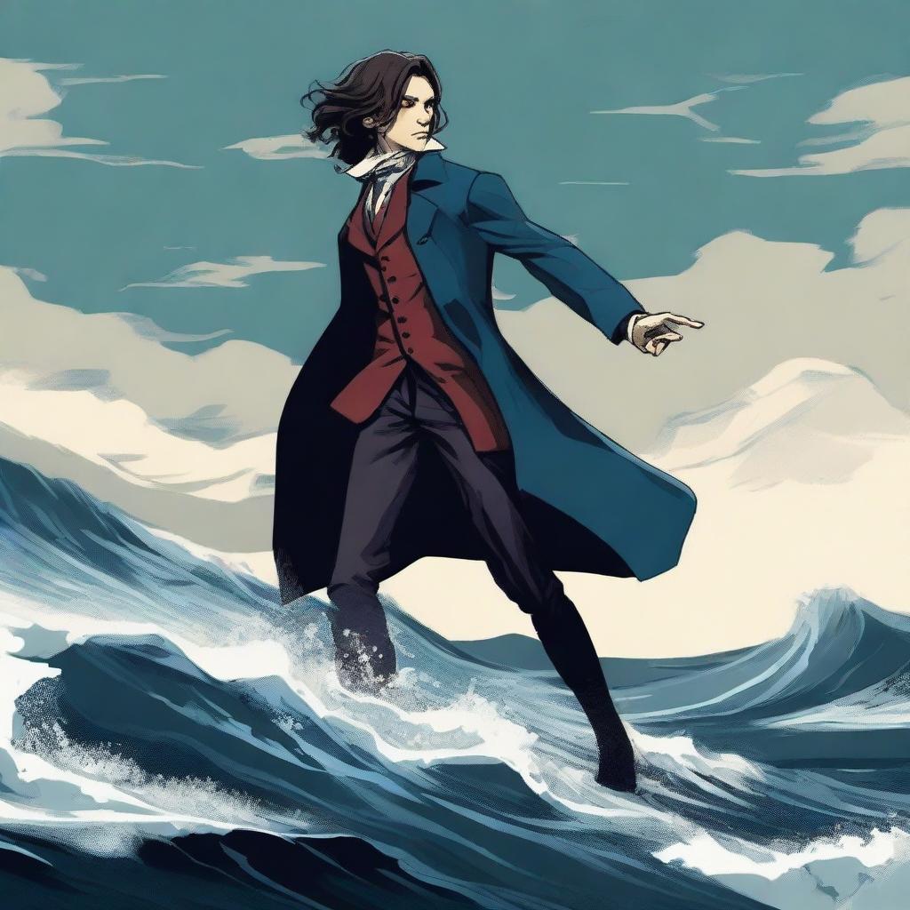 Create a poster for the game 'Wuthering Waves' but imagine the main character is not the usual protagonist