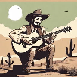 A human bard dressed in western attire, playing a guitar under the open sky