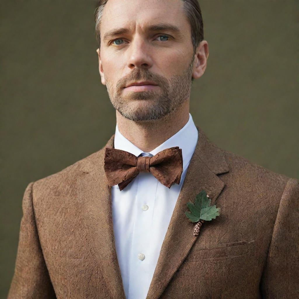 A man wearing a bark-textured tie around his collar, topped with a bow tie, skillfully designed to mimic the exact shape of an oak leaf. This nature-inspired piece replaces the conventional bow with an oak leaf shape.