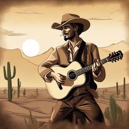 A human bard dressed in western attire, playing a guitar under the open sky