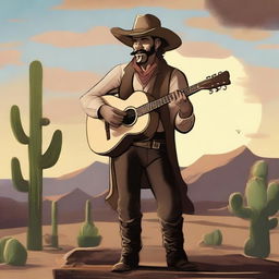 A human bard dressed in western attire, playing a guitar under the open sky