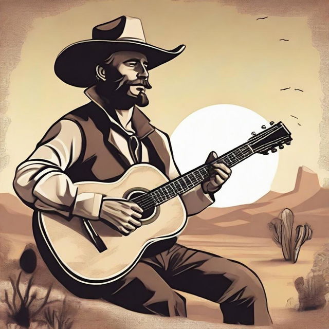 A human bard dressed in western attire, playing a guitar under the open sky