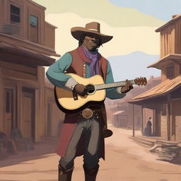 A human bard dressed in western attire, playing a guitar under the open sky