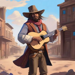 A human bard dressed in western attire, playing a guitar under the open sky