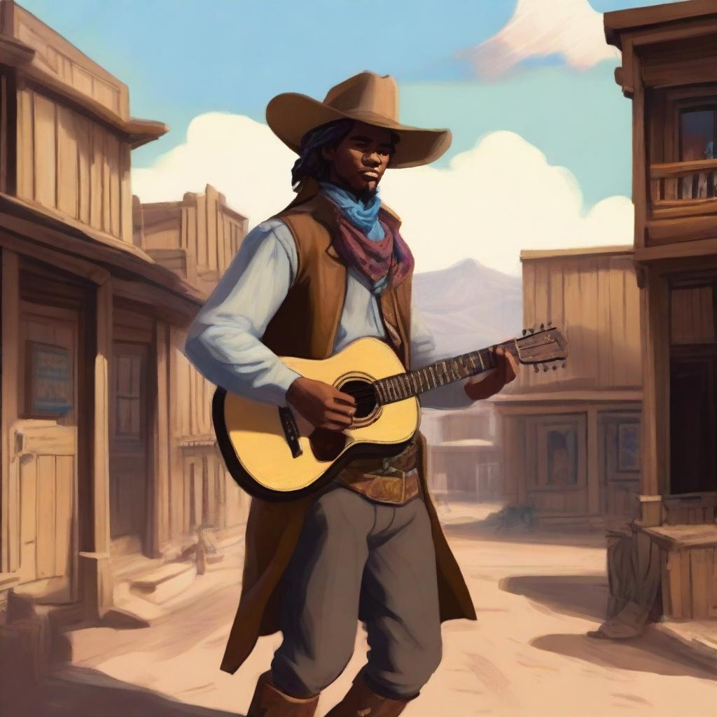 A human bard dressed in western attire, playing a guitar under the open sky