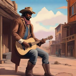 A human bard dressed in western attire, playing a guitar under the open sky