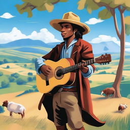 A human bard dressed as a traditional gaucho, playing a guitar in a scenic countryside