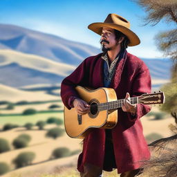 A human bard dressed as a traditional gaucho, playing a guitar in a scenic countryside