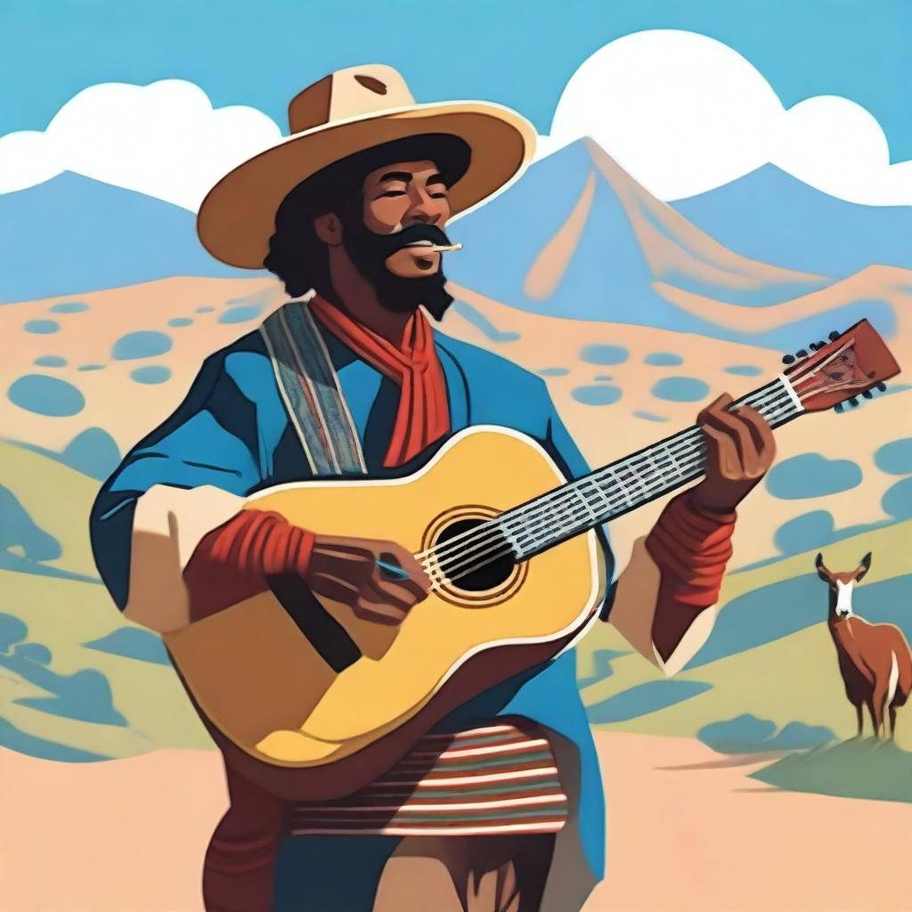 A human bard dressed as a traditional gaucho, playing a guitar in a scenic countryside