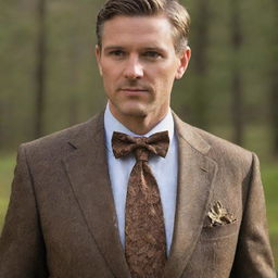 A man wearing a bark-textured tie around his collar, topped with a bow tie, skillfully designed to mimic the exact shape of an oak leaf. This nature-inspired piece replaces the conventional bow with an oak leaf shape.