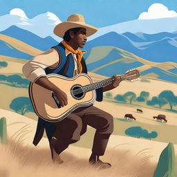 A human bard dressed as a traditional gaucho, playing a guitar in a scenic countryside