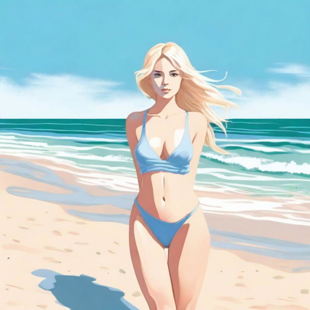 A person with blond hair wearing a tiny bathing suit, standing on a beach with the ocean in the background