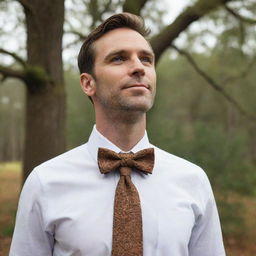 A man wearing a bark-textured tie around his collar, topped with a bow tie, skillfully designed to mimic the exact shape of an oak leaf. This nature-inspired piece replaces the conventional bow with an oak leaf shape.