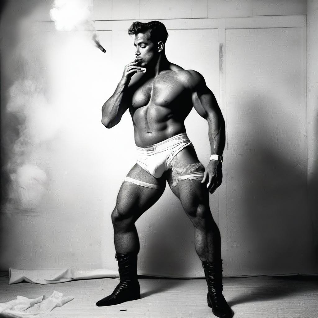 A muscular man wearing a diaper, stockings, and high heels, smoking a cigarette