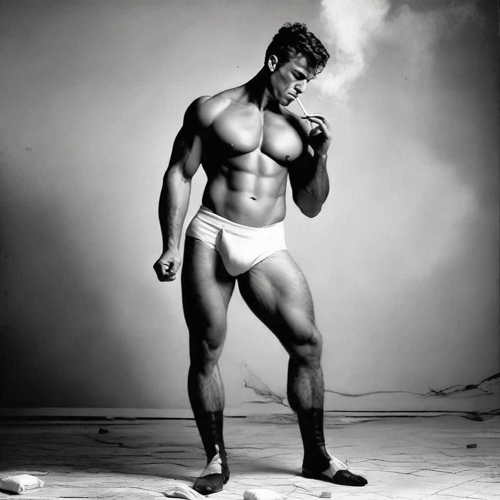 A muscular man wearing a diaper, stockings, and high heels, smoking a cigarette