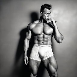 A muscular man wearing a diaper, stockings, and high heels, smoking a cigarette