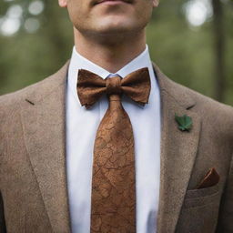 A man wearing a bark-textured tie around his collar, topped with a bow tie, skillfully designed to mimic the exact shape of an oak leaf. This nature-inspired piece replaces the conventional bow with an oak leaf shape.